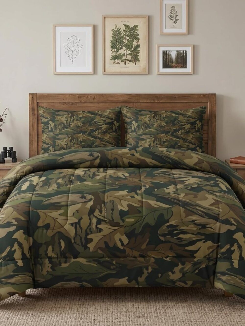 Queen Comforter Set, 3 Pieces Camo Forest Bedding Set
